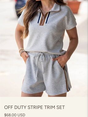 Grey Short Sleeve Sweatshirt and Drawstring Shorts Set with Stripe Trim